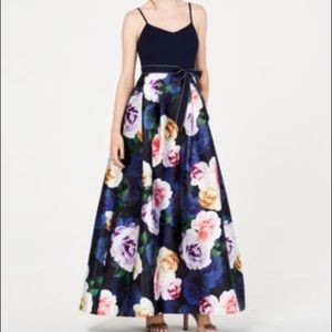 Navy Blue and Floral Long Formal Dress with Tie